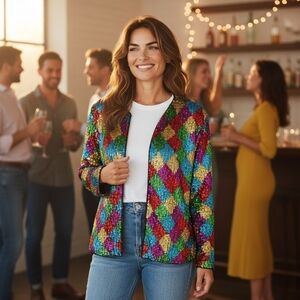 Jean for Joseph Le Bon Sequin Harlequin Diamond Pattern Jacket L Multicolor NWT